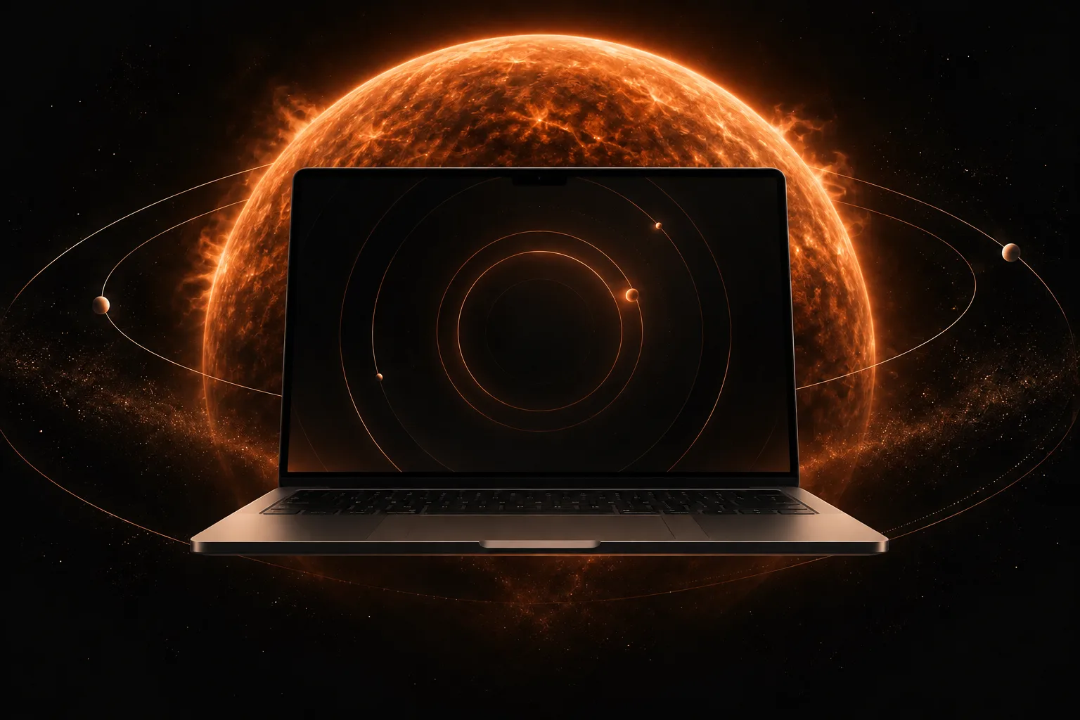 A floating MacBook framed by an orange sun and orbital rings, with Vision’s animated face scan expanding from the top-center notch